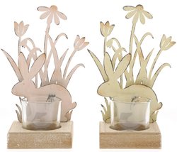 Stojánek na svíčku zajíc u květin,kov+dřevo,18x11x 